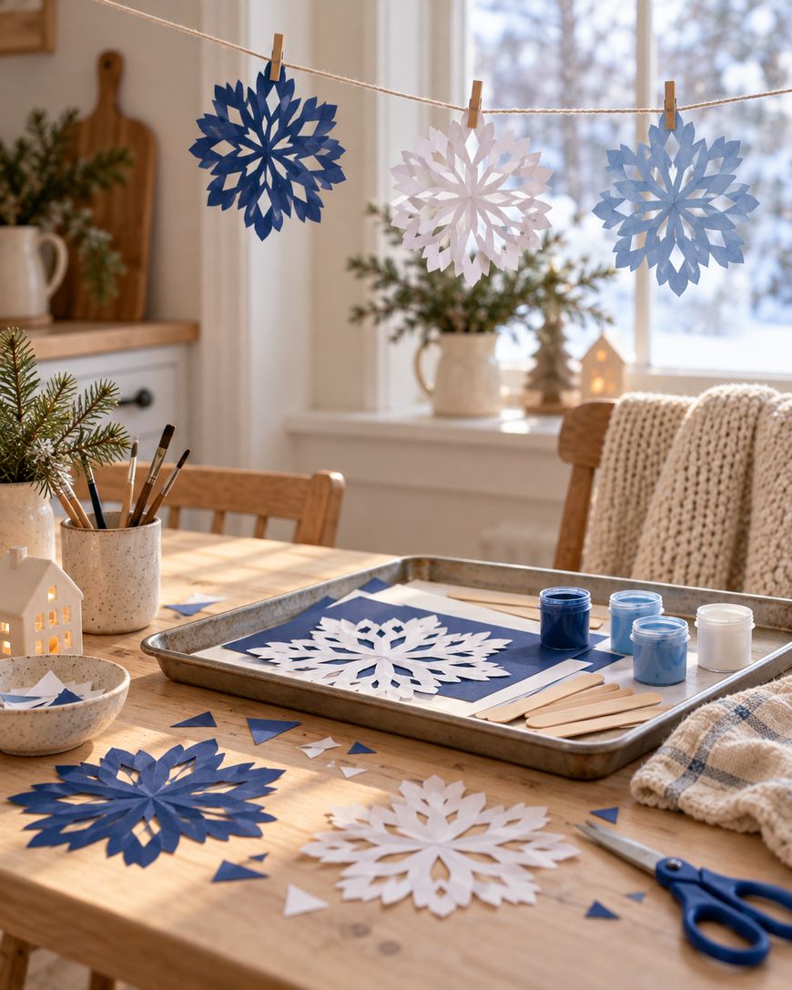 Paper snowflakes being crafted on a wooden table, with a metal tray holding blue and white paint, brushes, and craft supplies, and three completed snowflakes hanging from a string above.