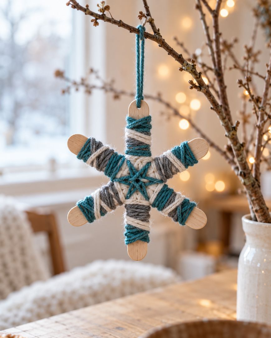 A handmade snowflake ornament made from wooden craft sticks wrapped in teal, grey, and white yarn hanging from a tree branch.